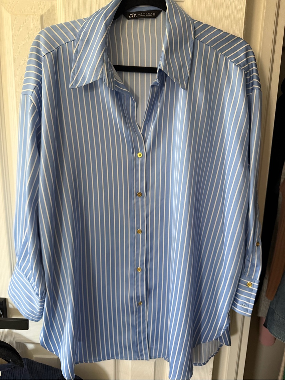 Zara Light Blue and White Oversized Stripe Button-Down Shirt